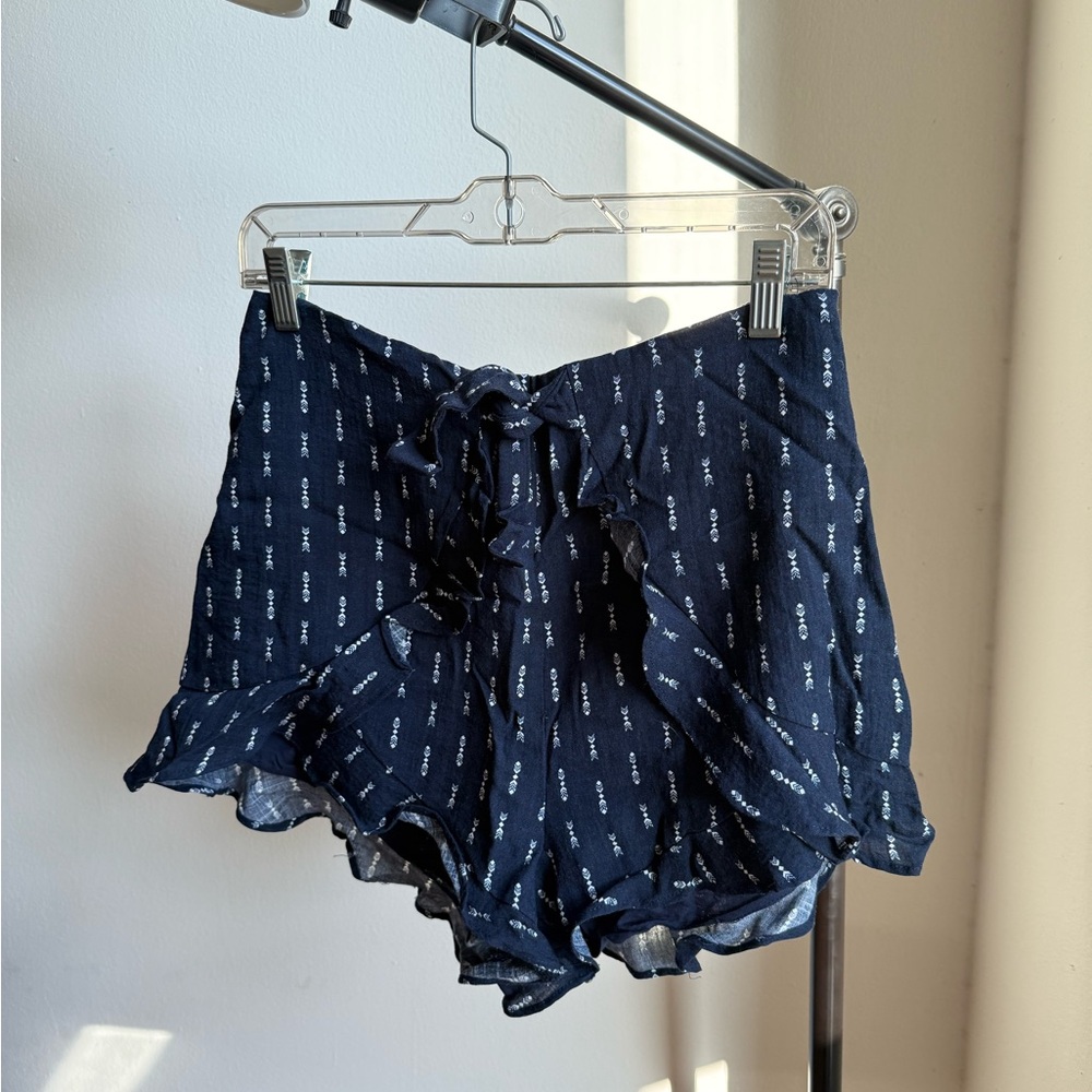 Navy Blue Ruffle Trim Women's Shorts